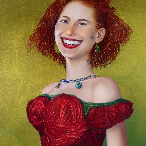 Prompt: Intricate painting of a beautiful young woman in front of a fabric background with red hair and a dark green dress, smiling by Mary Dimary and Craig Mullins, Fabric texture, gold details, gemstones, Golden thread, emeralds, intricate details, intricate patterns 4k, 8k, HDR