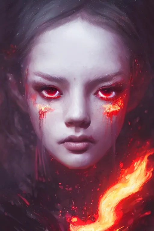 Image similar to a fancy portrait of a young Demon girl covered in flames by Greg Rutkowski, Sung Choi, Mitchell Mohrhauser, Maciej Kuciara, Johnson Ting, Maxim Verehin, Peter Konig, final fantasy , 8k photorealistic, cinematic lighting, HD, high details, atmospheric , trending on artstation