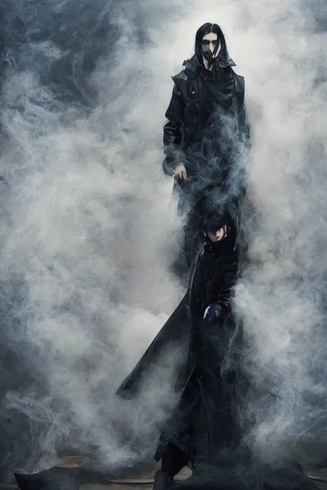 Image similar to a man with pale skin and long-black hair, latex suit and raincoat, floating in smoke, in the style of ruan jia