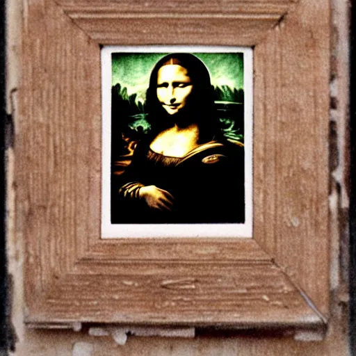 Image similar to polaroid image of the mona lisa on a broken wooden floor.