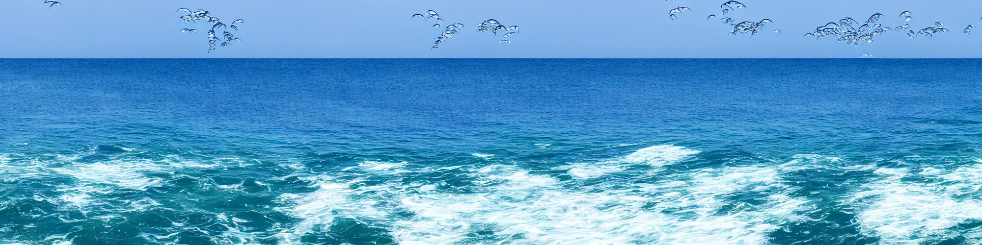 Prompt: panorama shot of the ocean with flying fishes