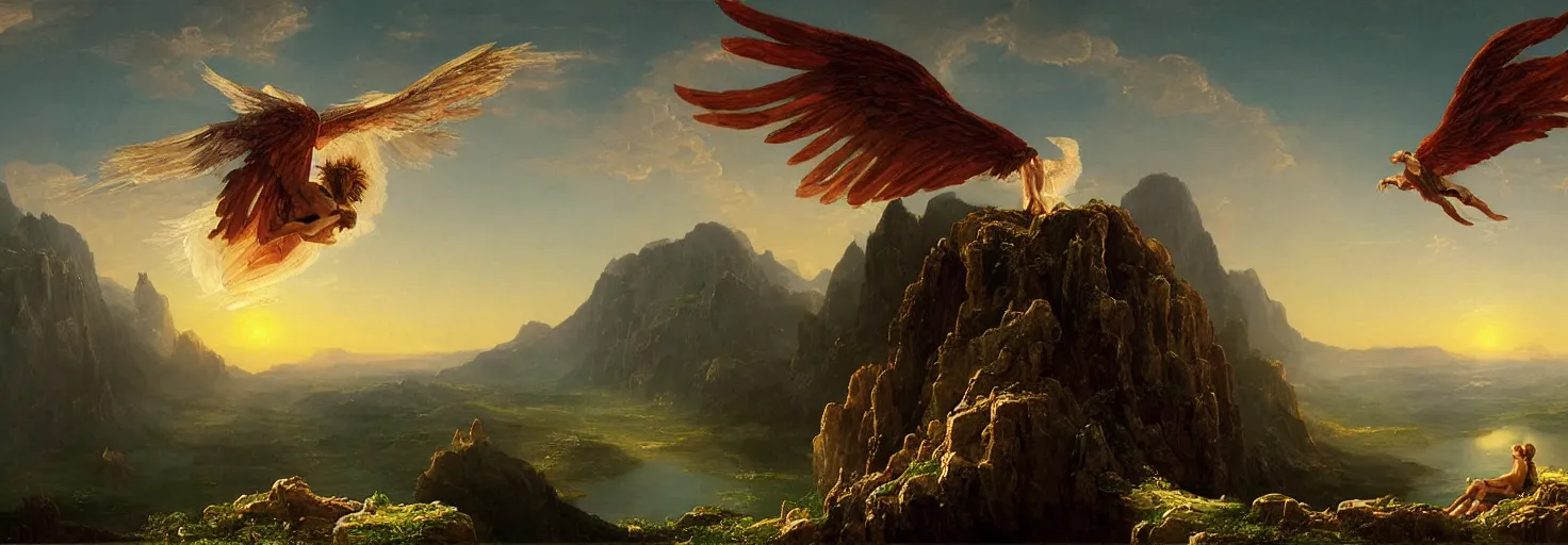 Prompt: Icarus with his wings on fire crashed and burned on the side of a mountain while Daedalus bows his head in disbelief from his workshop in the mountains below. in the style of a surreal and awe-inspiring thomas cole and albert Bierstadt digital art panorama landscape painting at sunset. unreal engine, 4k, matte, exquisite detail