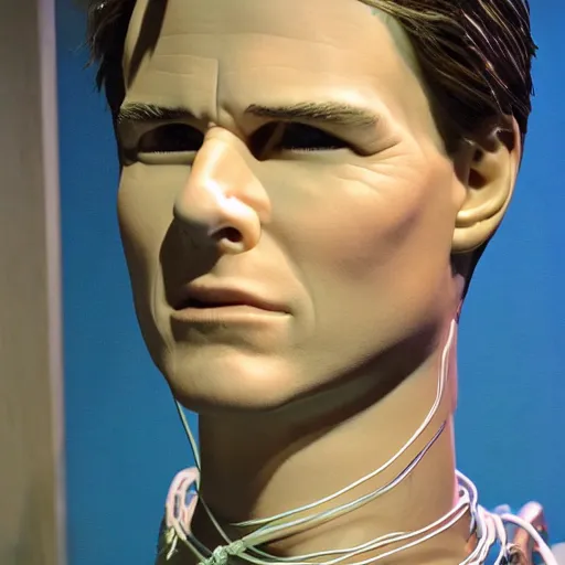 Image similar to animatronic Tom Cruise, exposed wires, photo, Stan Winston studios, detailed, 4k