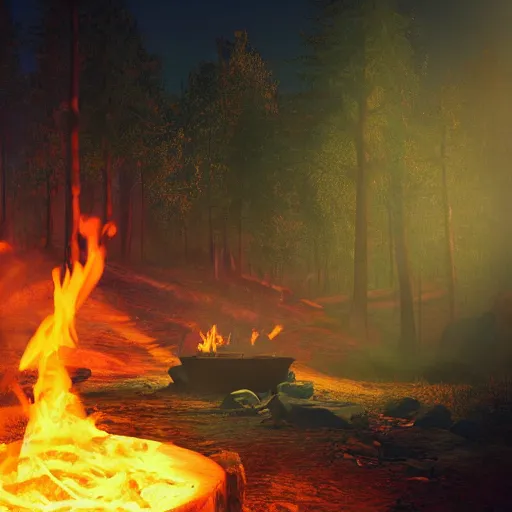 Image similar to a campfire in a surreal world, 8k resolution concept art hyperdetailed trending on Artstation Unreal Engine ominous photorealistic sunshine rays colourful beautiful bokeh ambient occlusion, dynamic lighting, stunning visuals, creative, concept art, trending on art station, ultra detailed