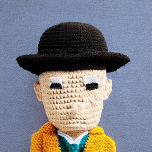 Prompt: buster keaton made of yarn, crocheted caricature of buster keaton, photorealistic, soft, cute, trending on artstation