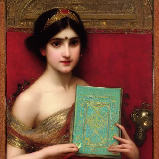 Image similar to orientalist portrait of a princess holding an iridescent eldritch tome intricate portrait by john william waterhouse Edwin Longsden Long and Theodore Ralli and Henryk Siemiradzki, very coherent symmetrical artwork. Cinematic, hyper realism, high detail 8k