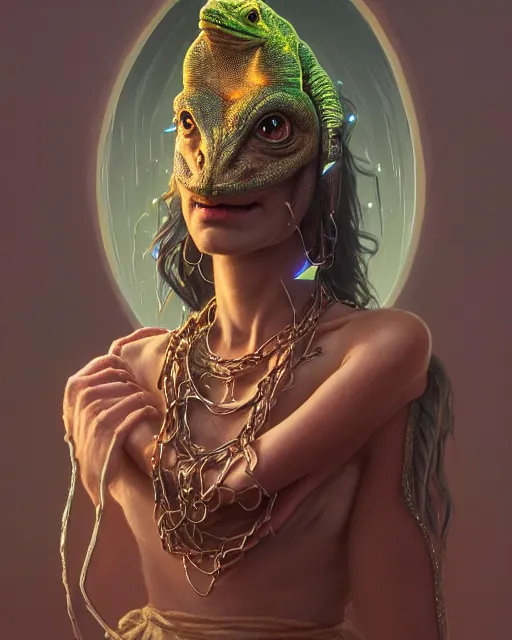 Prompt: highly detailed surreal vfx portrait of a lizard person with a necklace, wearing a toga, stephen bliss, unreal engine, greg rutkowski, loish, rhads, beeple, makoto shinkai and lois van baarle, ilya kuvshinov, rossdraws, tom bagshaw, alphonse mucha, global illumination, detailed and intricate environment