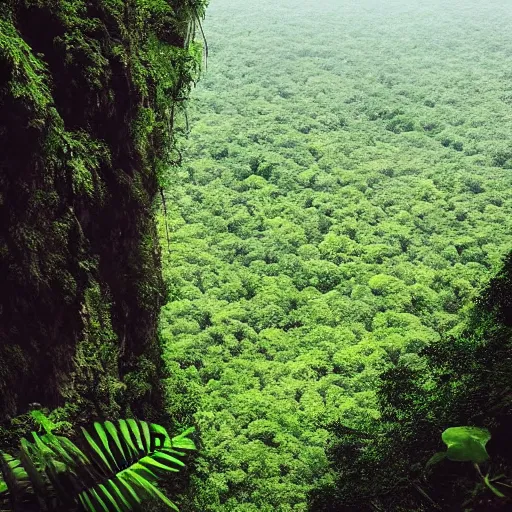 Prompt: “Photo looking down a cliff at a vibrant jungle. 4K.”