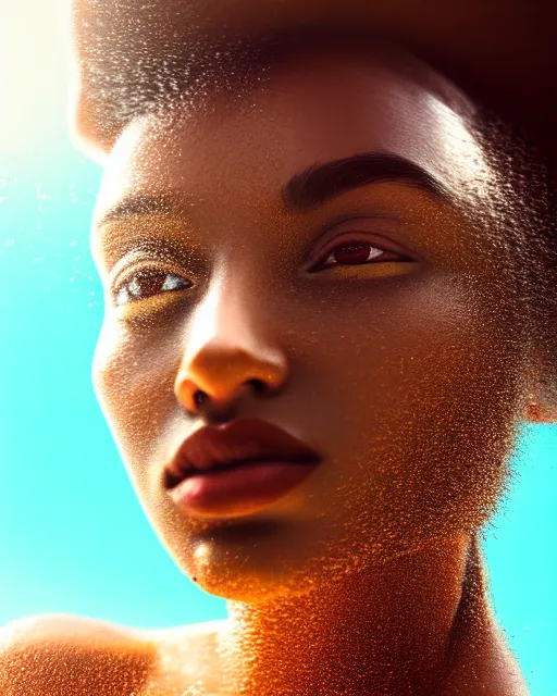 Image similar to photo half body portrait of very beautiful woman, face emerging from pool of water, brown skin, realism, extreme detail, real life, key art, soft light, volumetric light, 3 - d shadows, photo by james jean and wlop, photoshoot