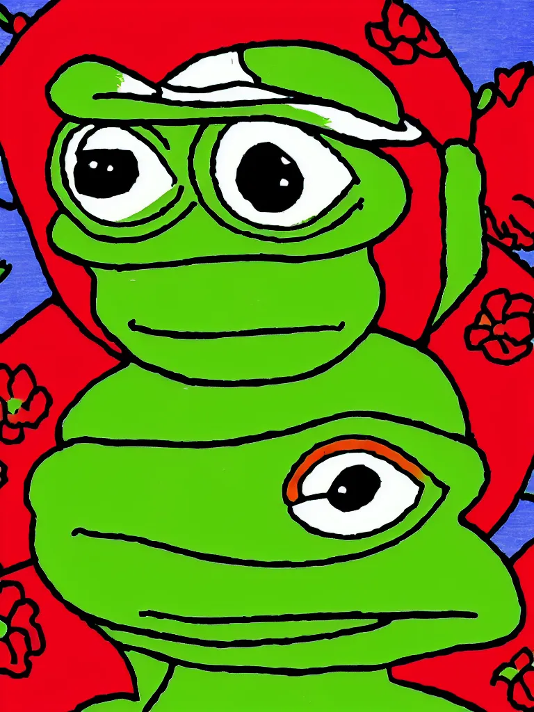 Prompt: resolution 4k hyper realistic film reel of pepe the frog red dead redemption 2 wandering army of pepe the frog a field of flowers a sunny day wholesome soft and warm picnic of breads and fruit sitting on a blanket pepe the frog. the sky is blue and filled with gods love the third rike will rise again hail pepe , rainbows of sweet angels art in the style of Tony DiTerlizzi , Francisco de Goya and Akihito Tsukushi and Arnold Lobel