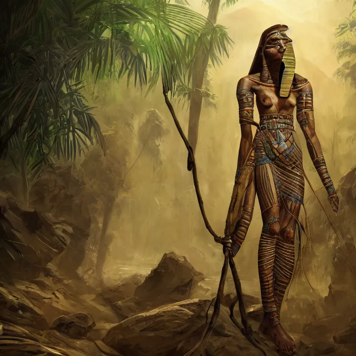 Prompt: egyptian mummy in the jungle oil painting, old school dungeons and dragons art, concept art, cgsociety, octane render, trending on artstation, artstationHD, cinematic lighting, highly detailed, digital painting, artstation, concept art, smooth, sharp focus, unreal engine,symmetric, elegant, 4k, 8k