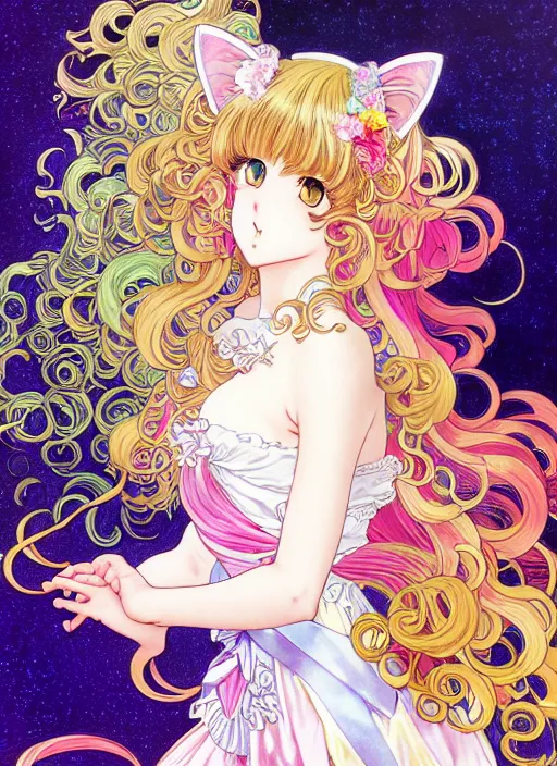 Image similar to manga of beautiful cat girl aside carousel, curls hair, rococo ruffles dress, pastel rainbow, pearlescent, shimmering, prismatic, reflective, rim light, detailed background, by katsuhiro otomo, takeshi obata, alphonse mucha, illustration, artstation, concept art, highly detailed, colorful, maximalist