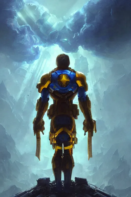 Prompt: a distant shot of a single super soldier with blue and yellow flag and standing alone on a huge pile of human skulls as a winner, masculine figure, D&D, fantasy, epic atmosphere, volumetric lights, beam of bright light through the clouds, intricate, elegant, highly detailed, extremely detailed, digital painting, artstation, concept art, matte, smooth, sharp focus, hyper realistic, illustration, art by Artgerm and Greg Rutkowski and Alphonse Mucha