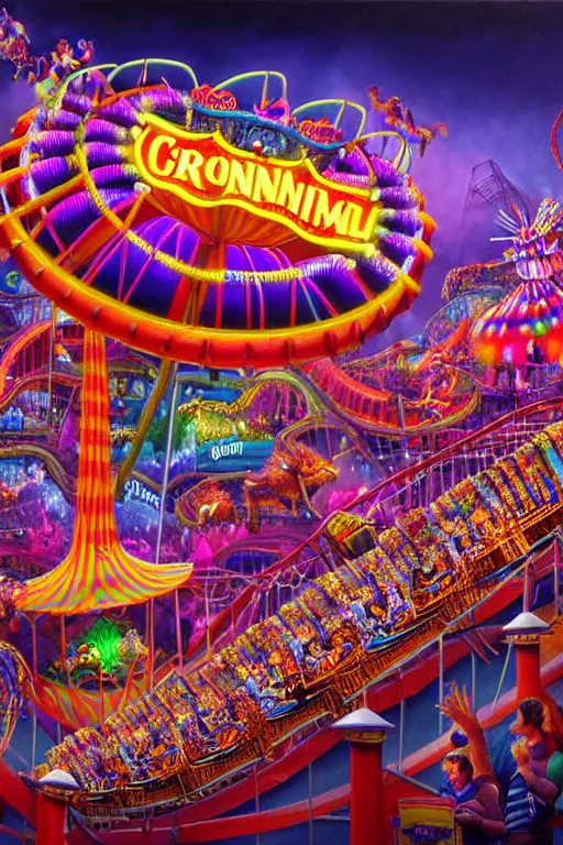 Image similar to a hyperrealistic detailed painting of a epic grandiose carnival in town with rides, games, prizes, glowing lights, colorful, chimeric creatures riding a rollercoaster. cinematic lighting, depth perspective, depth of field, cinematic angle, by chris cunningham and richard corben, highly detailed, vivid color,