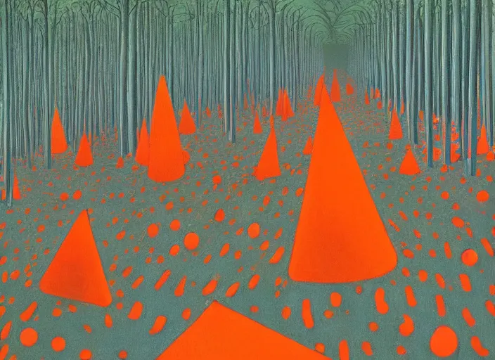 Image similar to a forest with a 5 orange cones scattered about, by surrealist james jean, in the style of francis bacon and edward hopper and beksinski