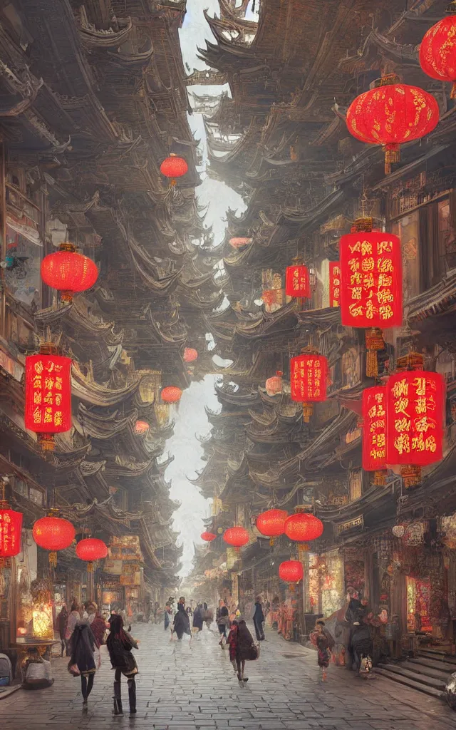 Image similar to epic scenery of a shopping street in the Chinese imperial city, intricate, elegant, volumetric lighting, digital painting, highly detailed, artstation, sharp focus, illustration, concept art, ruan jia, steve mccurry