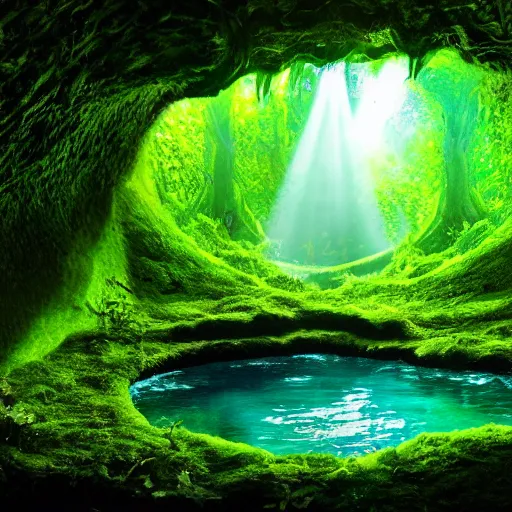 Image similar to glowing cave, hidden by a curtain of vines, covered by lush green vines, rocks, small pool of water, trickling water, stone, hidden, forest, night, glow, magical, magic, fantasy, professional, high quality, highly detailed, award-winning, awe-inspiring, spectacular, HD, 4K, 8K