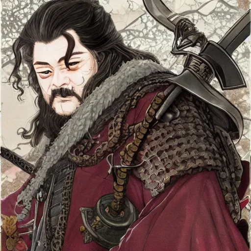 Prompt: detailed portrait of hagrid samurai with swords and steampunk rifles, in snow forest sakura cherry blossom, hakama kimono, trending on artstation elite, elegant, luxury, by krenz cushart, junji ito, takato yamamoto, perfect face, fine details, realistic shaded, fine - face, pretty face