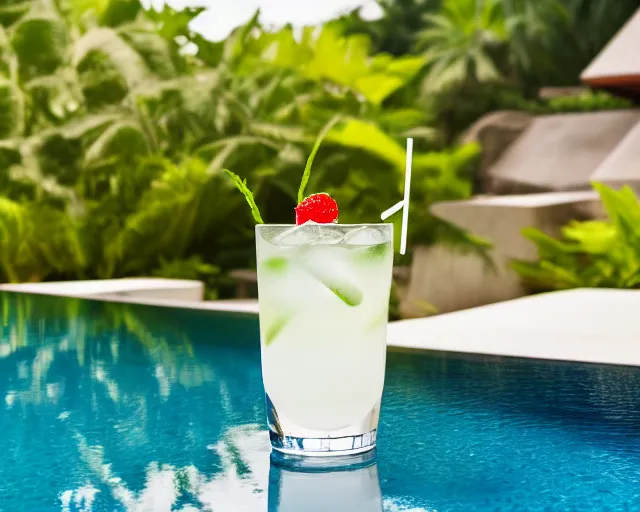 Prompt: 5 5 mm photo of best long cocktail and soda - can on a zen minimalist white table with gorgeous pool in the background. highly detailed 8 k. intricate. lifelike. soft light,