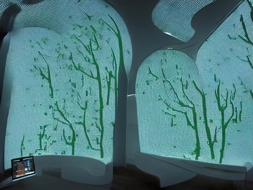 Prompt: visor with curved translucent screens projecting detailed trees ( 2 0 4 2 ), pixel perfect photograph, high contrast, volumetric lighting, thin glowing lights, chair, users, pair of keys