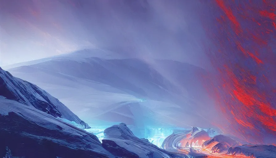 Image similar to river of blue fire, ice color scheme, intricate detailed painting, ice flames, low angle, morning, artstation, john harris