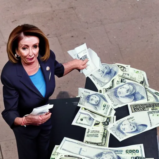 Prompt: nancy pelosi collecting $ 1 0 0 bills wlop