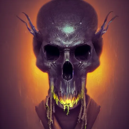 Prompt: portrait of the monster with the dear skull mask, wearing the robes, photography, highly detailed, crows eyes, gloom yellow-brown lights, 8k, artstation