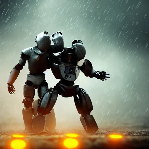 Image similar to 2 robot warriors battling each other in heavy rain, ground fog, lighting, moody lighting, 8 k, shallow depth of field, cinematic lighting,