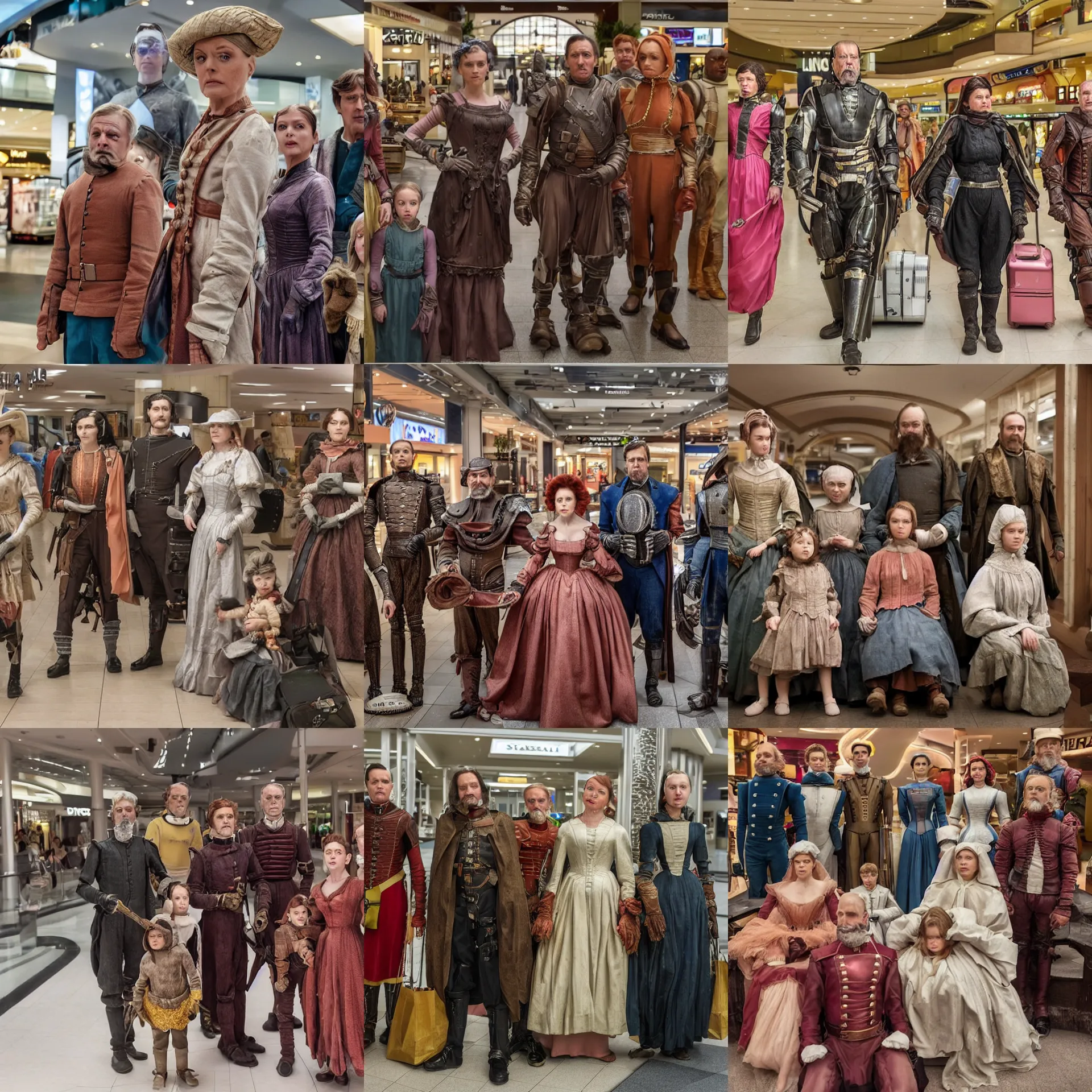 Prompt: sharp, highly detailed, 153600k film, 140000mm frame still from a sci fi blockbuster color movie made in 2019, a family of four time travelers from 1860 travel in time to 2019, appearing in a shopping mall, looking surprised, the family are all wearing 1860s era clothes, cinematic lighting, in focus, cinematic still, extremely high quality scan, in focus, 350mm f/1.4L lens