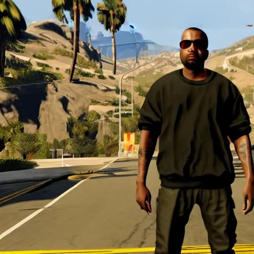 Prompt: kanye west in gta v is holding a speech