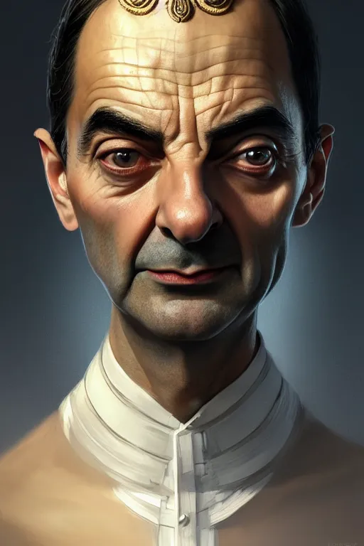 Prompt: highly detailed portrait of an elegant mr bean, ornate crown, beautiful symmetrical face, glowing skin, digital painting, artstation, concept art, smooth, clear focus, illustration, greg rutkowski, artgerm, global lighting, detailed and fantasy