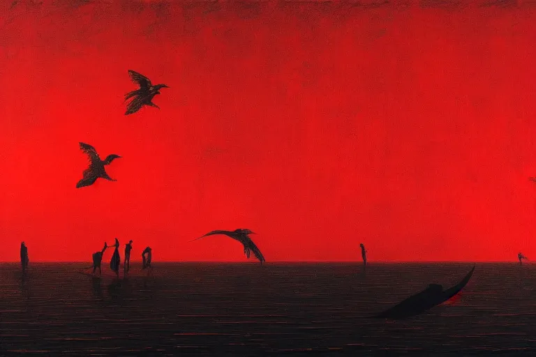 Image similar to only with red, a red dystopic knight, venice, flock of birds in the red sky, in the style of beksinski, parts by edward hopper, parts by rodcenko, parts by yue minjun, intricate and epic composition, red by caravaggio, insanely quality, highly detailed, masterpiece, red light, artstation, 4 k