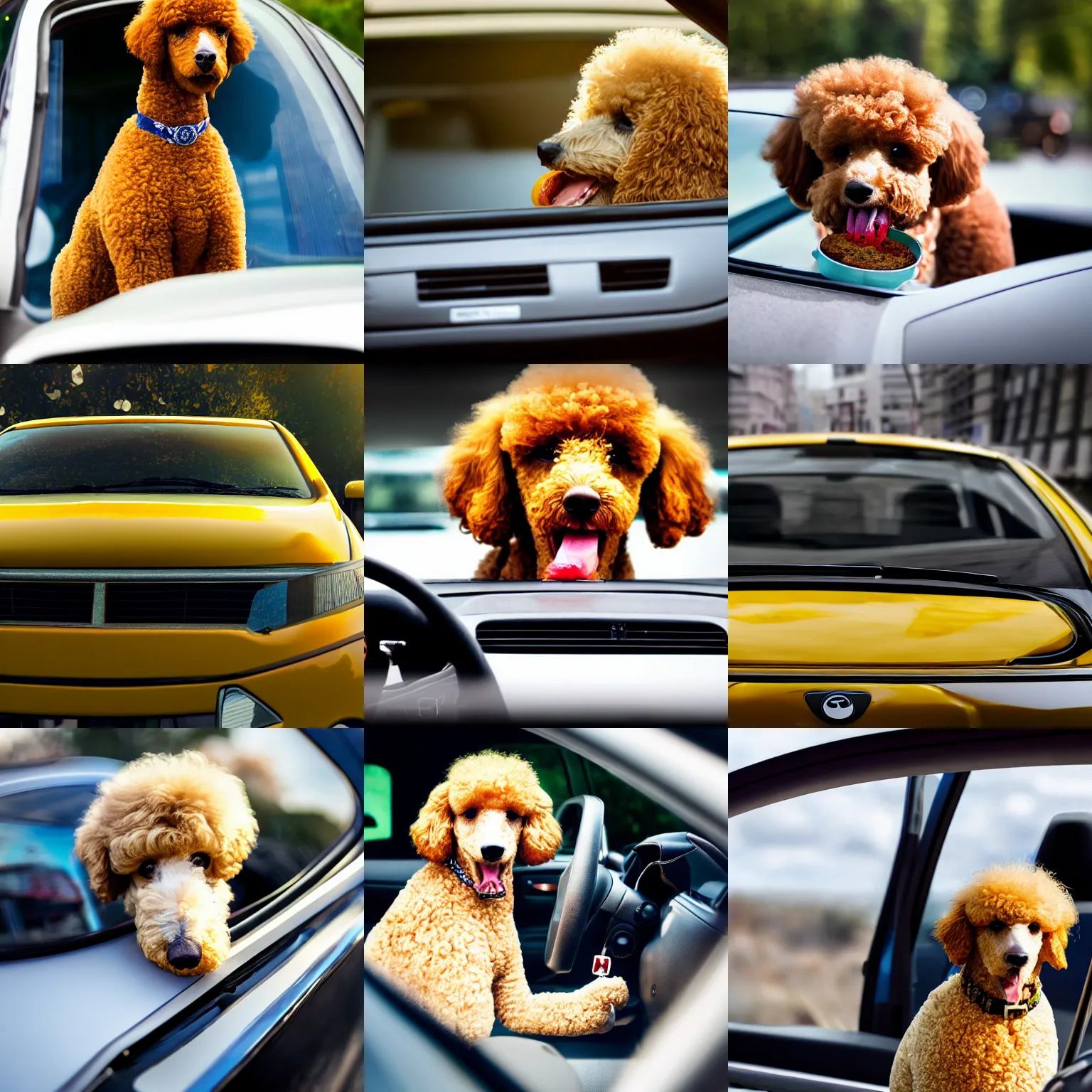 Prompt: a closeup photorealistic photograph of a poodle eating from a jar of mustard on a prius dashboard. professional capture. brightly lit scene. this 4 k hd image is trending on artstation, featured on behance, well - rendered, extra crisp, features intricate detail, epic composition and the style of unreal engine.