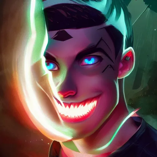 Image similar to a digital matte intricate face illustration concept art of young danny phantom with glowing green eyes and sharp teeth fangs alt art fashion inspired art by charlie bowater and wlop and mark arian and ross tran + neon colors, symmetry, intricate complexity, epic composition, magical atmosphere, highly detailed, cinematic lighting + masterpiece, trending on artstation + 8 k