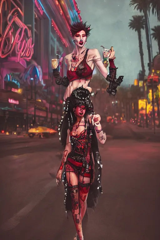 Image similar to full body portrait of a blood punk on the Las Vegas strip at night by tom bagshaw, cinematic, hyper realism, high detail, octane render, 8k, trending on artstation, CGsociety, concept art, 35mm, kodak portra