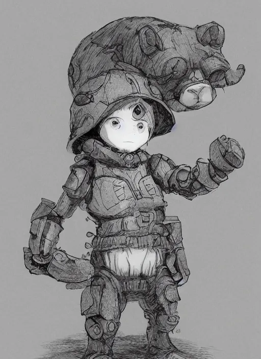 Image similar to beautiful little boy wearing an cyborg bear suit, artwork in kentaro miura and made in abyss and rosdraws, smooth, beautiful lightness, anatomically correct, trending on pixiv, forest