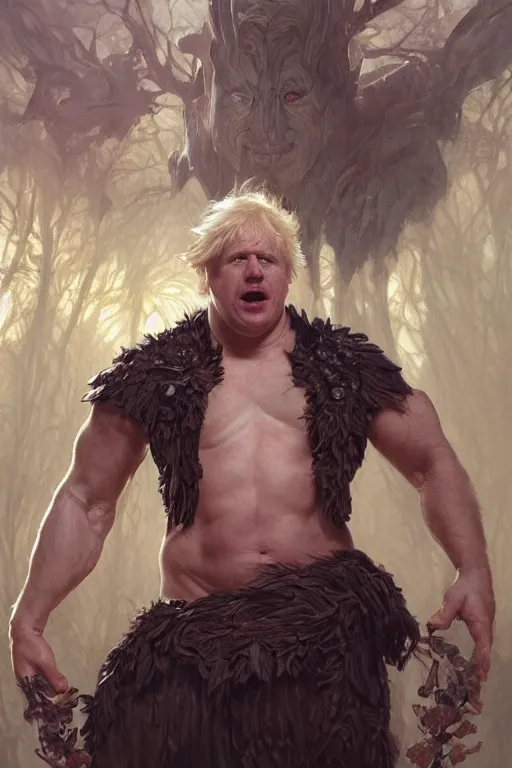 Image similar to portrait of boris johnson as a very pale hulking herculean demon, forest, godlike, full body, fantasy, intricate, elegant, highly detailed, digital painting, artstation, concept art, sharp focus, illustration, art by artgerm and greg rutkowski and alphonse mucha