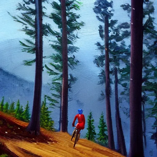 Image similar to man biking up a steep forest hill with a deep blue sweater. sweaty. Oil painting. Emotional. Trending on artstation. Steep. Trees.