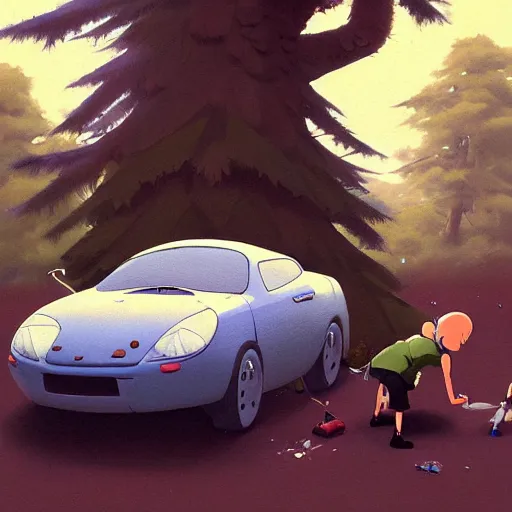 Image similar to goro fujita ilustration hikers parking the car in the forest, painting by goro fujita, characterized by masamune shirow and greg rutkowski, character art, focus, highly detailed, artstation