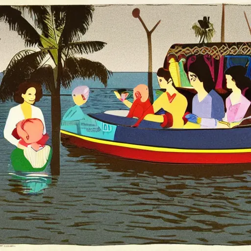 Image similar to The installation art depicts a group of well-dressed women and children enjoying a leisurely boat ride on a calm day. The women are chatting and laughing while the children play with a toy boat in the foreground. children's illustration, 1970s grainy vintage illustration by Tony Oursler, by Georges de La Tour magnificent