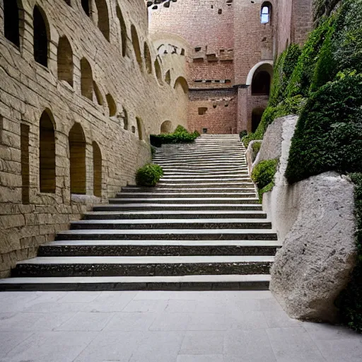 Image similar to courtyard complex of a labyrinthine monastary made of iteratively stacked stones, fusion of carlo scarpa and louis kahn, ivy growing on the bricks, people walking around and sitting on steps, architectural photography