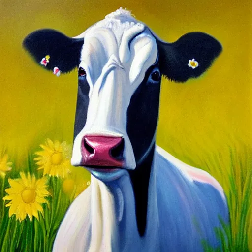 Prompt: oil painting of a cow in a field of daisy's sunny day