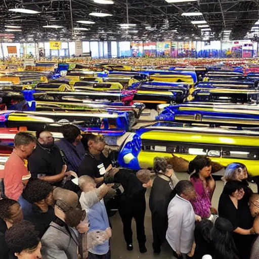 Image similar to A funeral inside a Walmart, dramatic photo