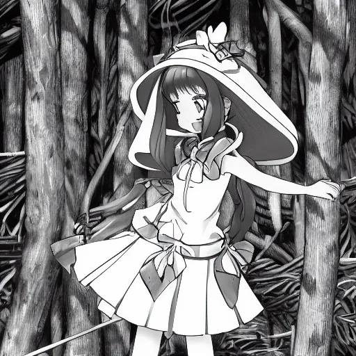 Image similar to a genga of reimu in the jungle wearing bonnet