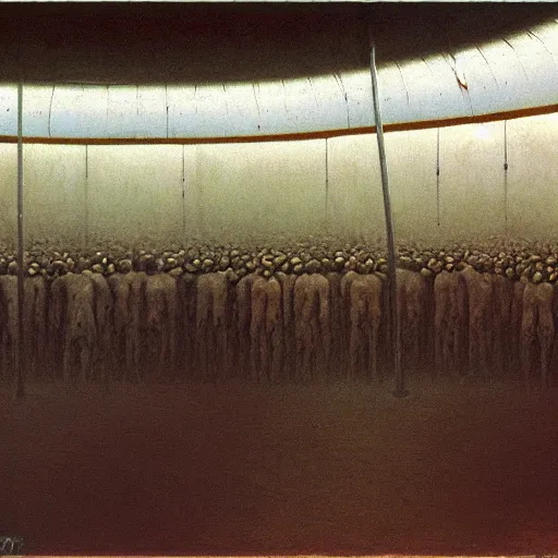 Prompt: a very crowded morning subway station, painted by zdzisław beksinski,