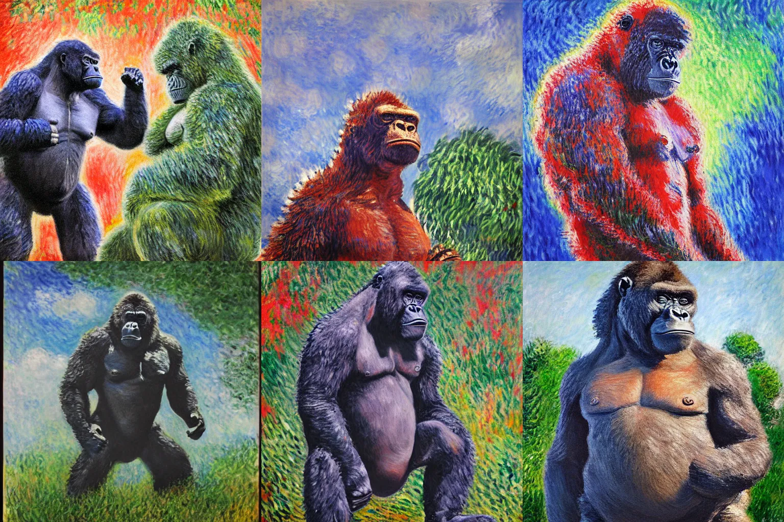 Prompt: Harambe Boxing Godzilla, Highly detailed painting by Claude Monet