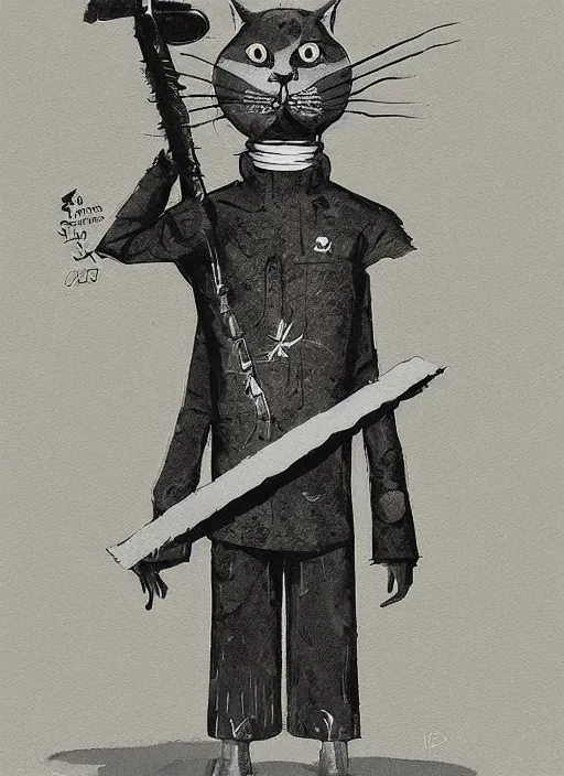 Image similar to a character illustration of an anthropomorphic cat soldier, a 3 d render of an anthropomorphic cat soldier, stephen gammell, by jack gaughan, by george ault, by victo ngai