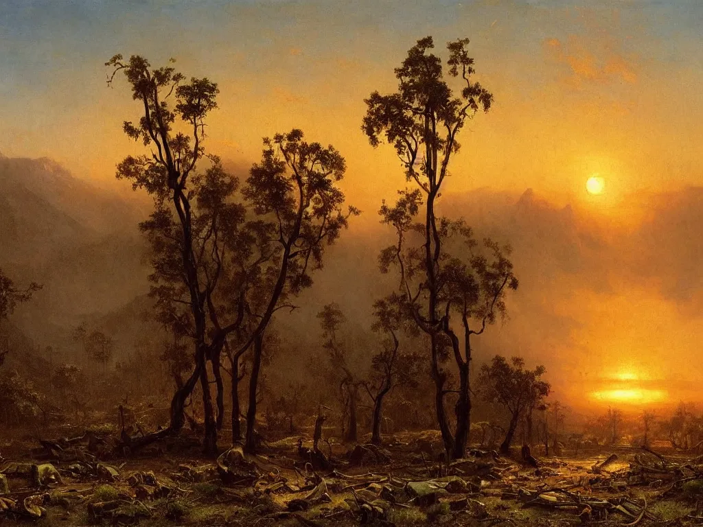 Image similar to a new dawn after a post apocalyptic california landscape after a nuclear war, foliage, plants, flowers, beautiful, sunrise lighting, beautiful painting, los angeles, painted by albert bierstadt