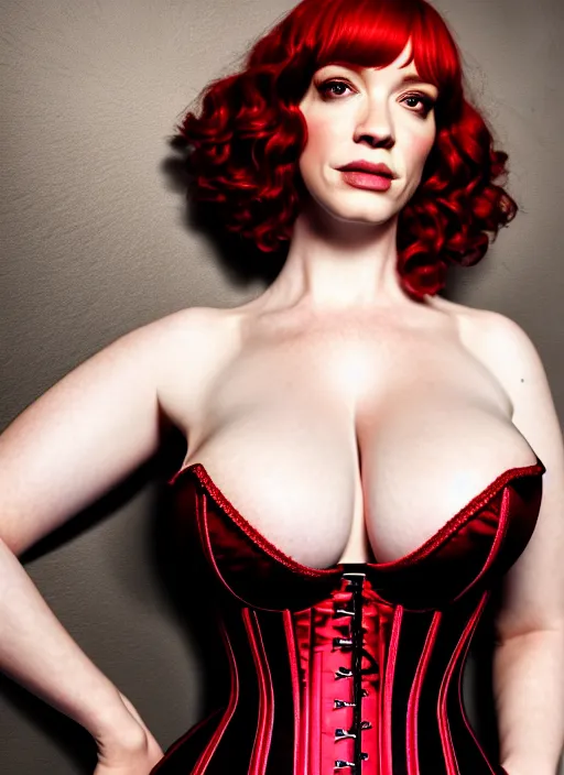 Image similar to symmetrical!! highly detailed upper body photograph of christina hendricks wearing a corset, looking at the camera!! shiny skin, zeiss lens, canon eos, unreal engine, redshift, octane render, global illumination, radiant light, detailed and intricate