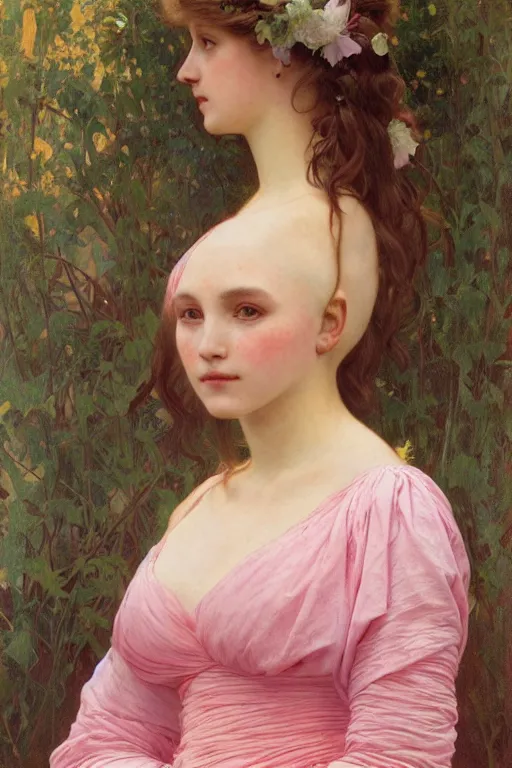 Image similar to beautiful girl in an pink wedding dress, symmetrical full body portrait by Donato Giancola, Alphonse Mucha, Artgerm and William Bouguereau, digital art, ,character concept, Epic, photorealism presented in artstation hyperrealism, award winning artwork,, high quality print, fine art with subtle redshift rendering